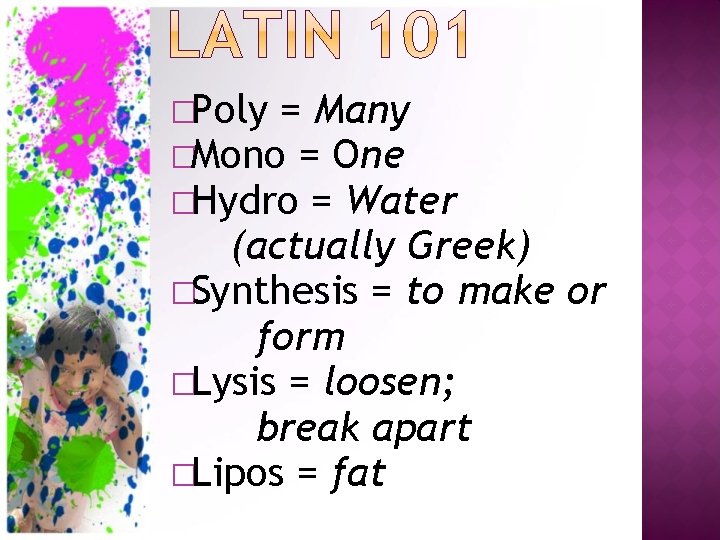 �Poly = Many �Mono = One �Hydro = Water (actually Greek) �Synthesis = to