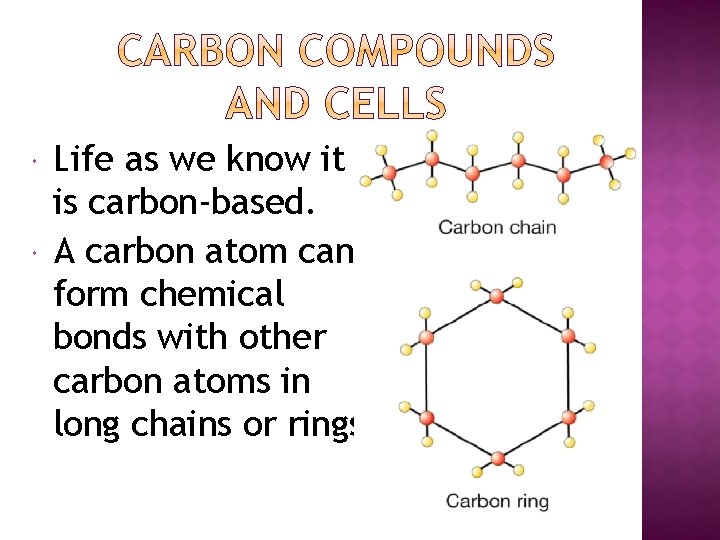  Life as we know it is carbon-based. A carbon atom can form chemical