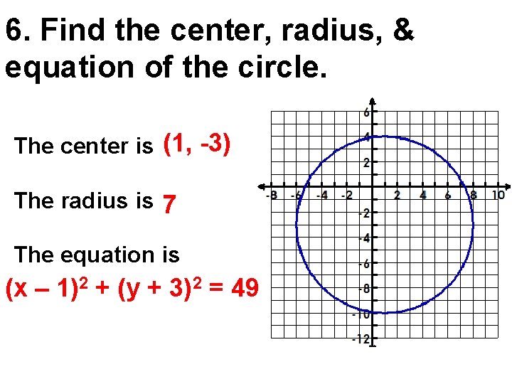 6. Find the center, radius, & equation of the circle. The center is (1,