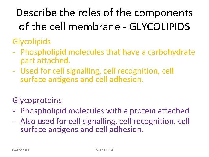 Describe the roles of the components of the cell membrane - GLYCOLIPIDS Glycolipids -