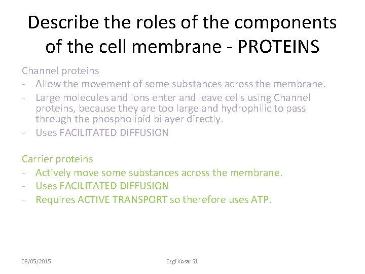 Describe the roles of the components of the cell membrane - PROTEINS Channel proteins