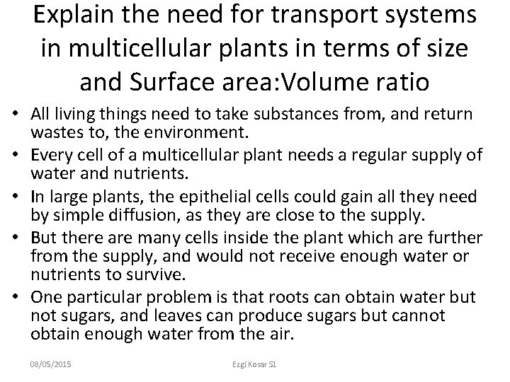 Explain the need for transport systems in multicellular plants in terms of size and