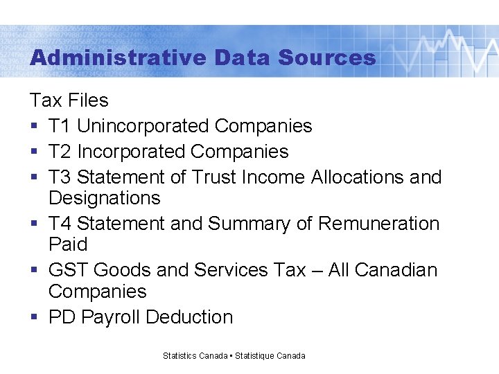 Administrative Data Sources Tax Files § T 1 Unincorporated Companies § T 2 Incorporated