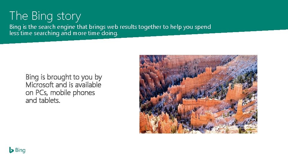 The Bing story Bing is the search engine that brings web results together to