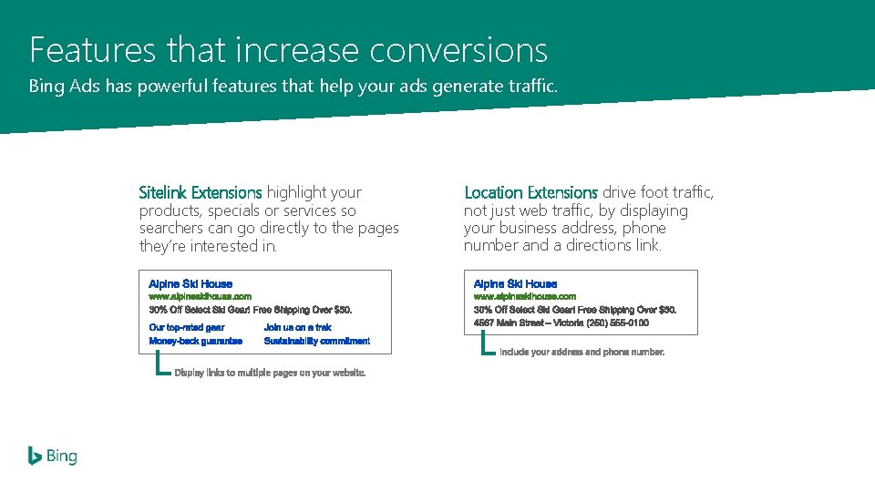 Features that increase conversions Bing Ads has powerful features that help your ads generate