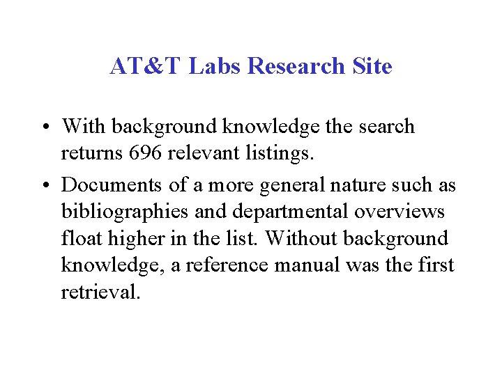 AT&T Labs Research Site • With background knowledge the search returns 696 relevant listings.
