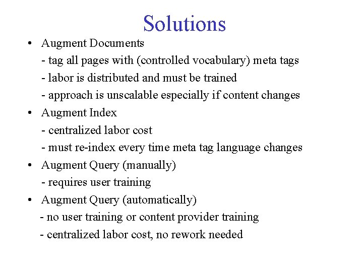 Solutions • Augment Documents - tag all pages with (controlled vocabulary) meta tags -