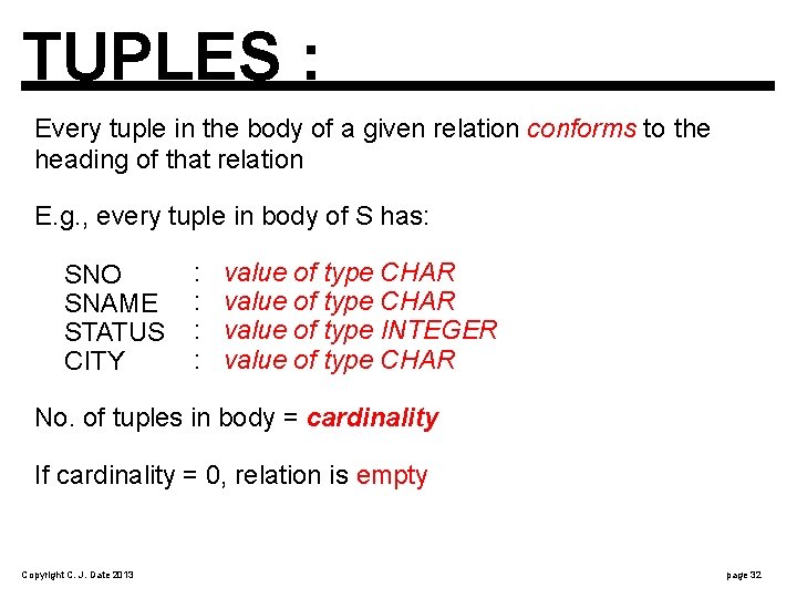 TUPLES : Every tuple in the body of a given relation conforms to the