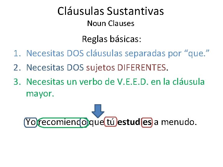 Cláusulas Sustantivas Noun Clauses Reglas básicas: 1. Necesitas DOS cláusulas separadas por “que. ”