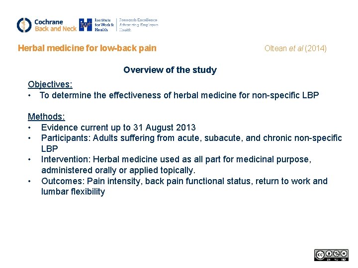 Herbal medicine for low-back pain Oltean et al (2014) Overview of the study Objectives:
