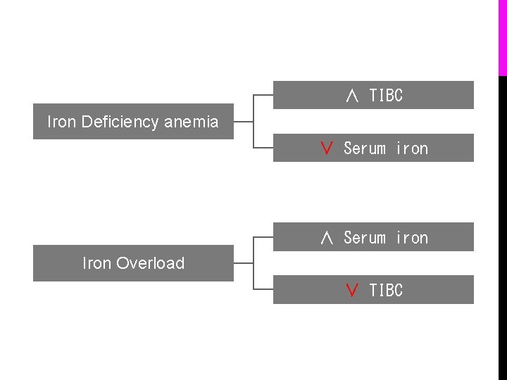 ∧ TIBC Iron Deficiency anemia ∨ Serum iron ∧ Serum iron Iron Overload ∨
