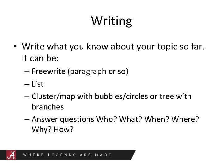Writing • Write what you know about your topic so far. It can be: