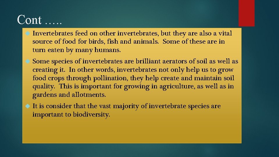 Cont …. . Invertebrates feed on other invertebrates, but they are also a vital