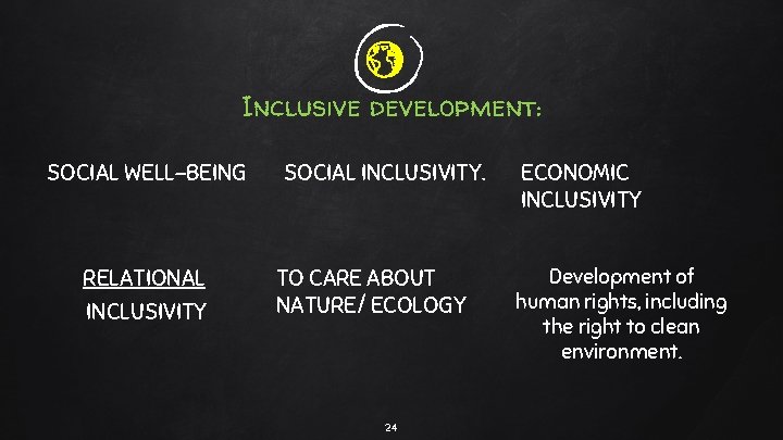 Inclusive development: SOCIAL WELL-BEING RELATIONAL INCLUSIVITY SOCIAL INCLUSIVITY. TO CARE ABOUT NATURE/ ECOLOGY 24