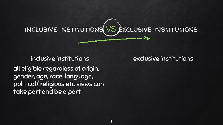 inclusive institutions VS exclusive institutions inclusive institutions all eligible regardless of origin, gender, age,