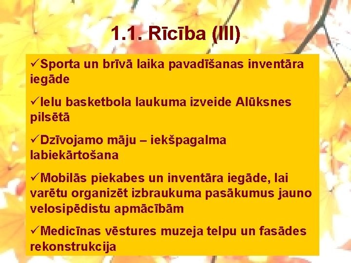 1. 1. Rīcība (III) üSporta un brīvā laika pavadīšanas inventāra iegāde üIelu basketbola laukuma