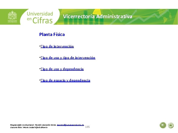 Vicerrectoría Administrativa Planta Física • Tipo de intervención • Tipo de uso y tipo