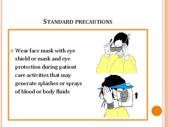 STANDARD PRECAUTIONS Wear face mask with eye shield or mask and eye protection during