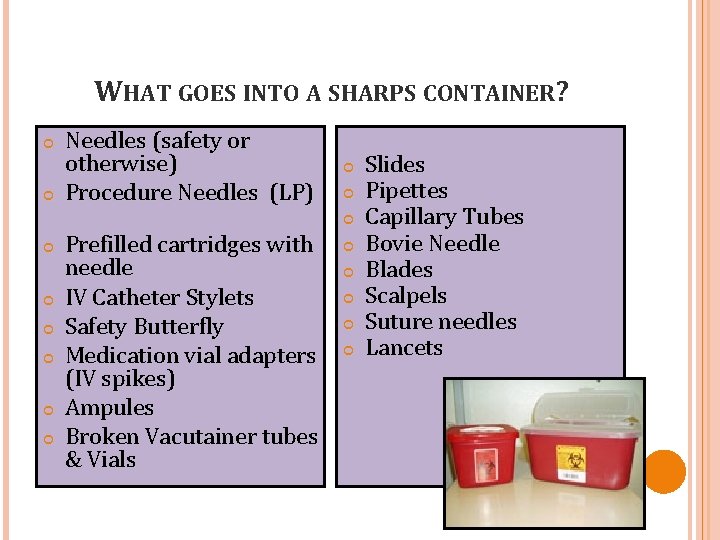 WHAT GOES INTO A SHARPS CONTAINER? Needles (safety or otherwise) Procedure Needles (LP) Prefilled