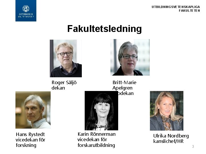 UTBILDNINGSVETENSKAPLIGA FAKULTETEN Fakultetsledning Roger Säljö dekan Hans Rystedt vicedekan för forskning Britt-Marie Apelgren prodekan