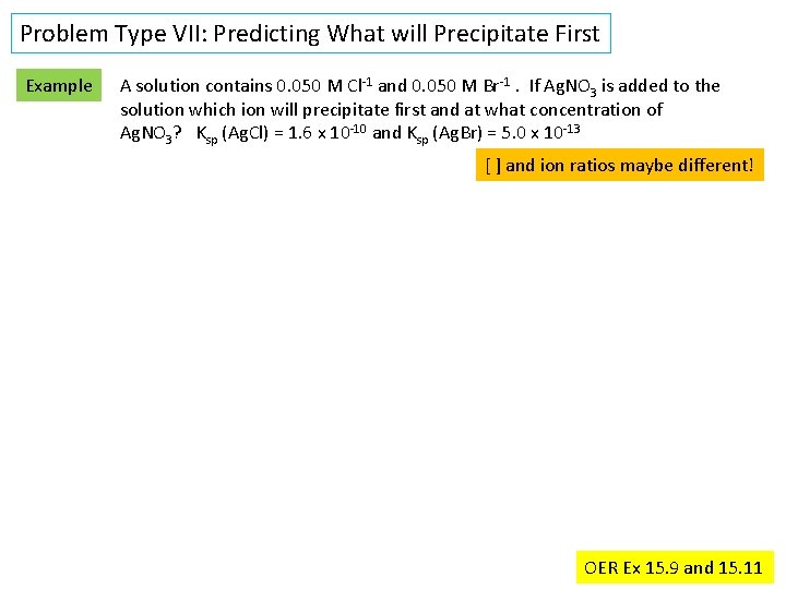 Problem Type VII: Predicting What will Precipitate First Example A solution contains 0. 050