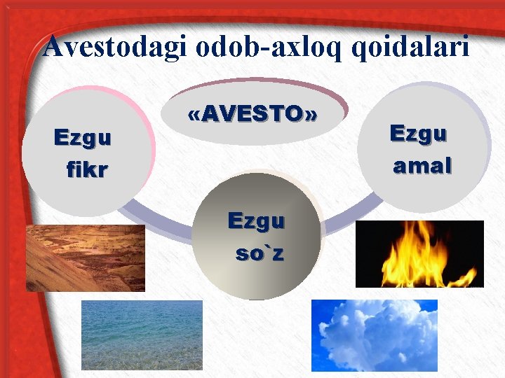 Avestodagi odob-axloq qoidalari Ezgu fikr «AVESTO» Ezgu so`z Ezgu amal 