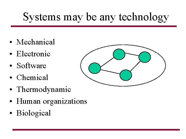Systems may be any technology • • Mechanical Electronic Software Chemical Thermodynamic Human organizations Systems may be any technology • • Mechanical Electronic Software Chemical Thermodynamic Human organizations