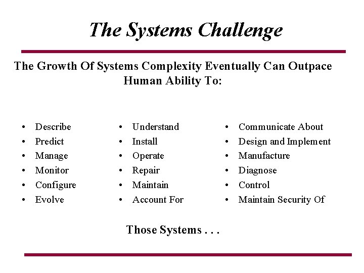 The Systems Challenge The Growth Of Systems Complexity Eventually Can Outpace Human Ability To: The Systems Challenge The Growth Of Systems Complexity Eventually Can Outpace Human Ability To: