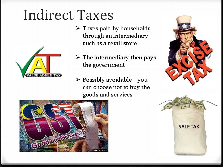 Indirect Taxes Ø Taxes paid by households through an intermediary such as a retail