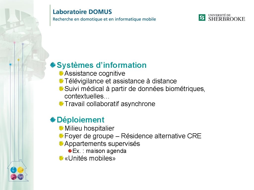 Applications Systèmes d’information Assistance cognitive Télévigilance et assistance à distance Suivi médical à partir