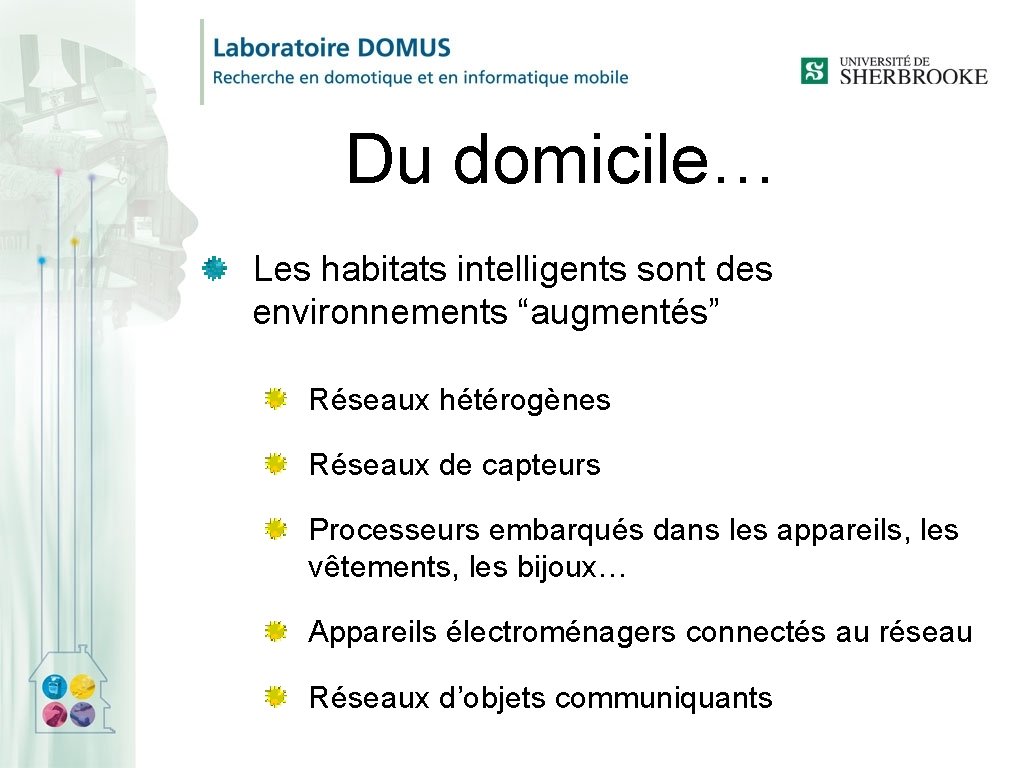 Du domicile… Les habitats intelligents sont des environnements “augmentés” Réseaux hétérogènes Réseaux de capteurs