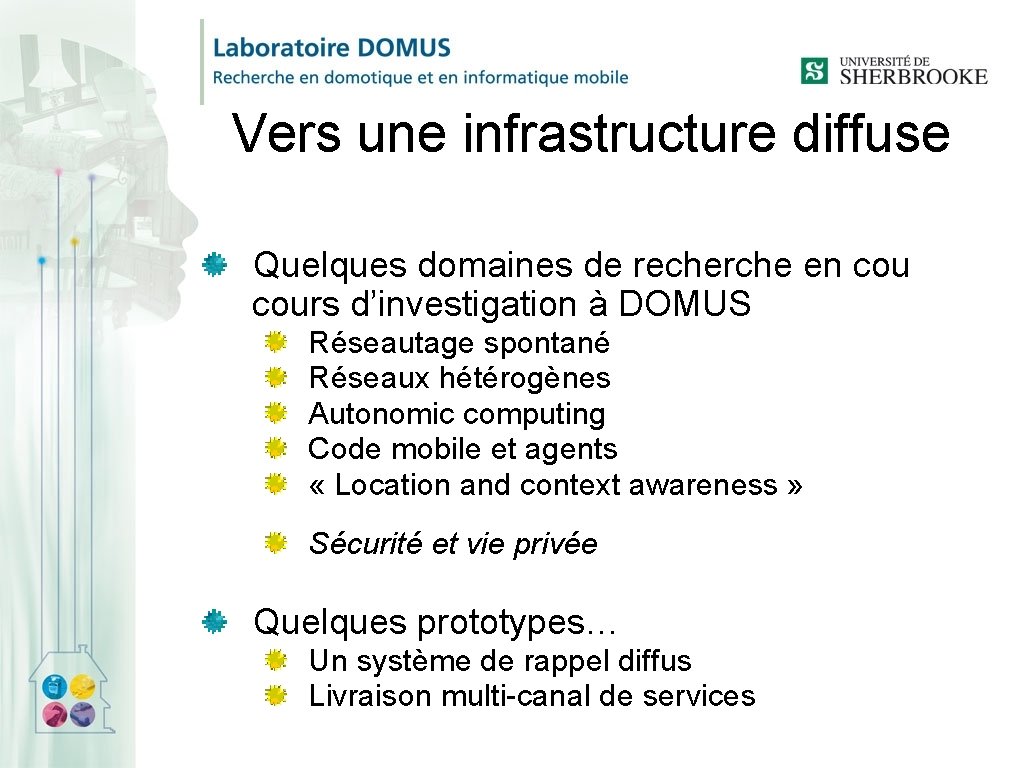 Vers une infrastructure diffuse Quelques domaines de recherche en cours d’investigation à DOMUS Réseautage