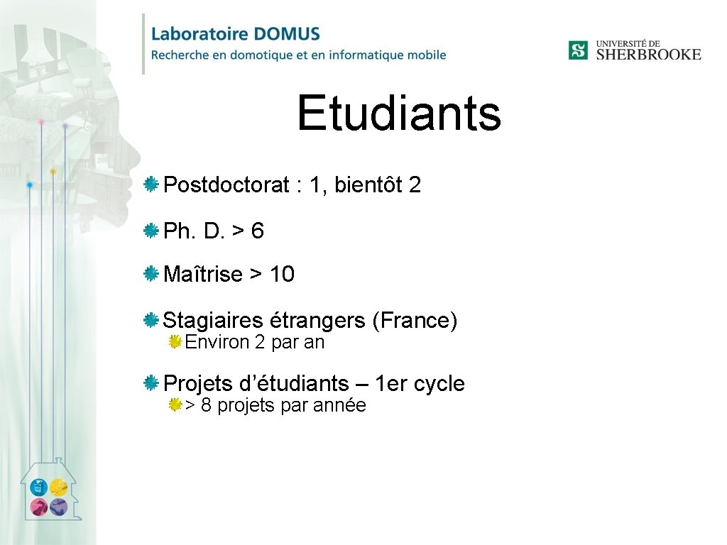 Etudiants Postdoctorat : 1, bientôt 2 Ph. D. > 6 Maîtrise > 10 Stagiaires