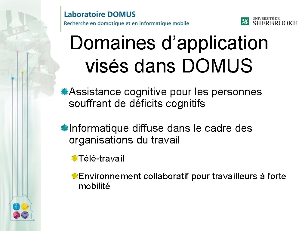 Domaines d’application visés dans DOMUS Assistance cognitive pour les personnes souffrant de déficits cognitifs