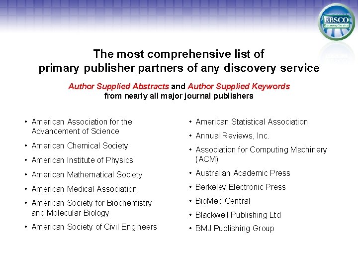 The most comprehensive list of primary publisher partners of any discovery service Author Supplied
