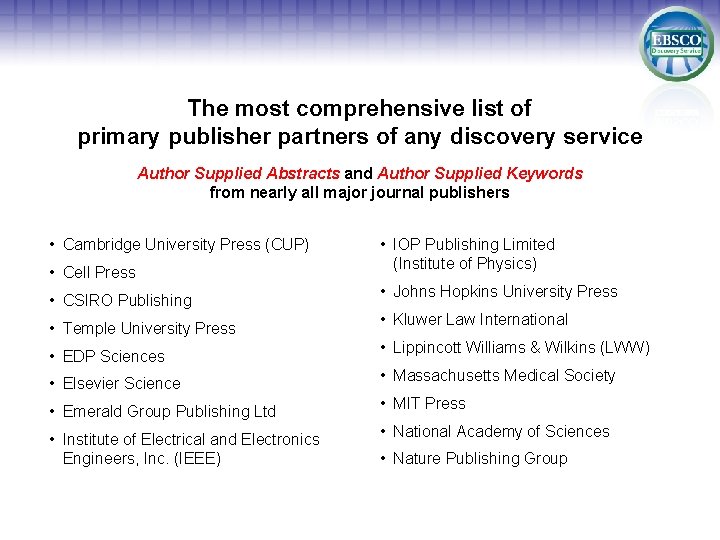 The most comprehensive list of primary publisher partners of any discovery service Author Supplied