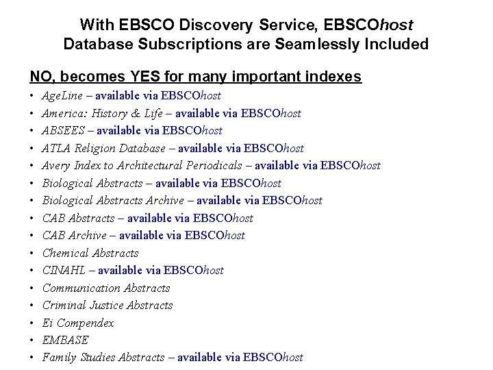 With EBSCO Discovery Service, EBSCOhost Database Subscriptions are Seamlessly Included NO, becomes YES for