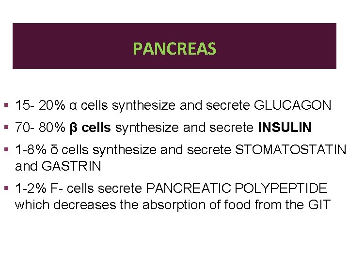 PANCREAS 15 - 20% α cells synthesize and secrete GLUCAGON 70 - 80% β