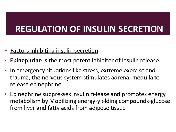 REGULATION OF INSULIN SECRETION Factors inhibiting insulin secretion • Epinephrine is the most potent