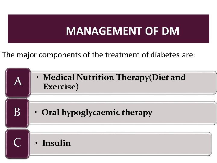 MANAGEMENT OF DM The major components of the treatment of diabetes are: A •