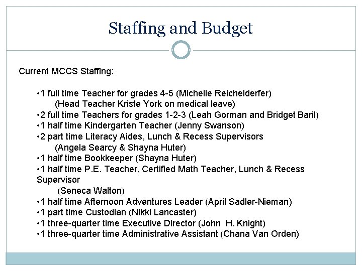 Staffing and Budget Current MCCS Staffing: • 1 full time Teacher for grades 4