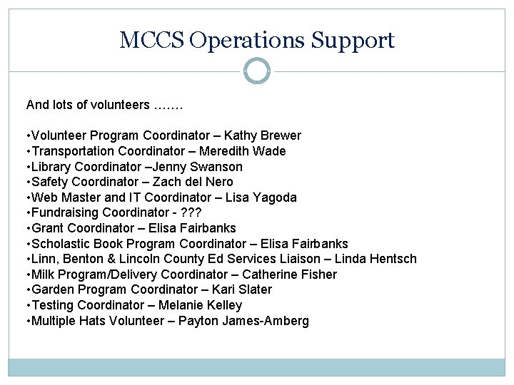 MCCS Operations Support And lots of volunteers ……. • Volunteer Program Coordinator – Kathy