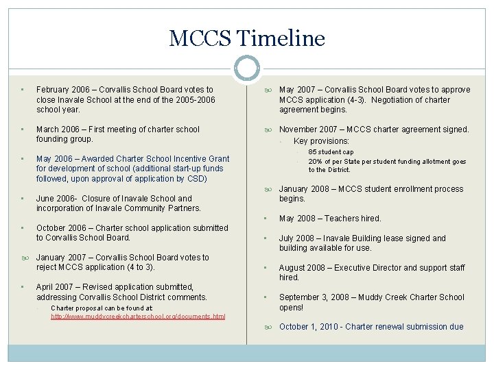 MCCS Timeline • February 2006 – Corvallis School Board votes to close Inavale School