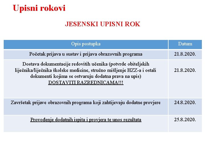 Upisni rokovi JESENSKI UPISNI ROK Opis postupka Datum Početak prijava u sustav i prijava