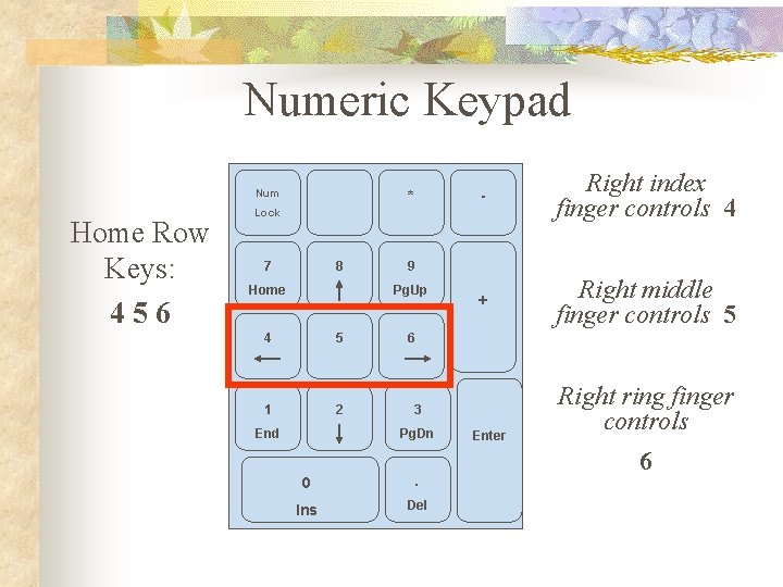 Numeric Keypad / Num Home Row Keys: 456 * Lock 7 8 Home 5