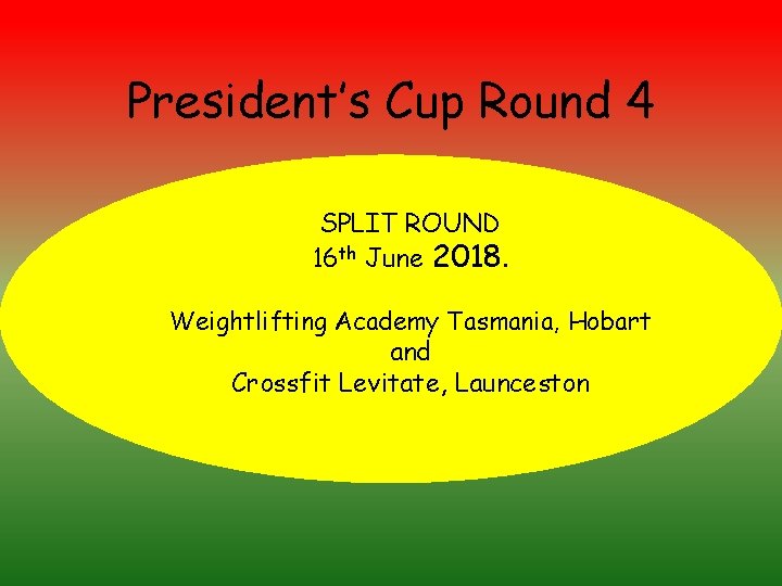 President’s Cup Round 4 SPLIT ROUND 16 th June 2018. Weightlifting Academy Tasmania, Hobart