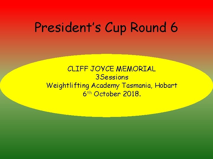 President’s Cup Round 6 CLIFF JOYCE MEMORIAL 3 Sessions Weightlifting Academy Tasmania, Hobart 6