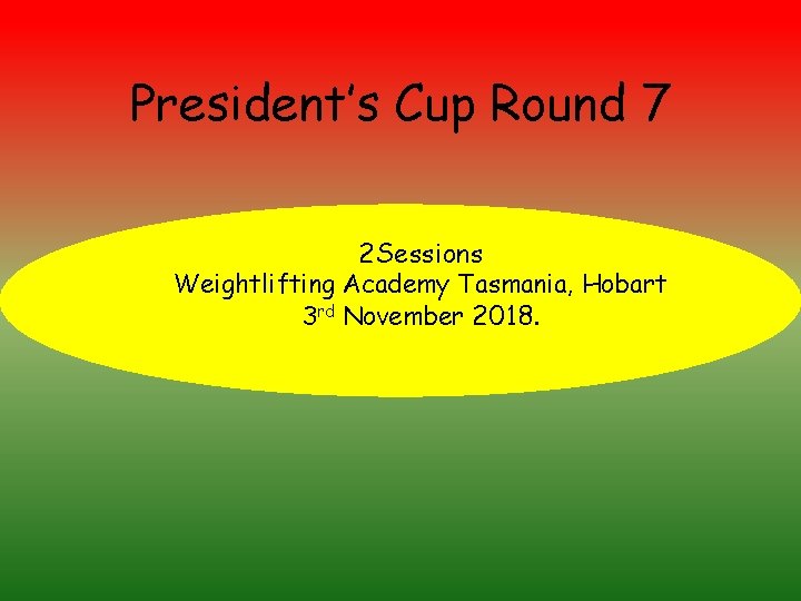 President’s Cup Round 7 2 Sessions Weightlifting Academy Tasmania, Hobart 3 rd November 2018.