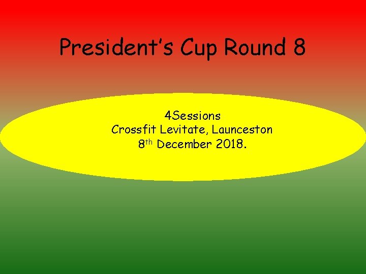 President’s Cup Round 8 4 Sessions Crossfit Levitate, Launceston 8 th December 2018. 