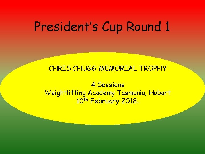 President’s Cup Round 1 CHRIS CHUGG MEMORIAL TROPHY 4 Sessions Weightlifting Academy Tasmania, Hobart